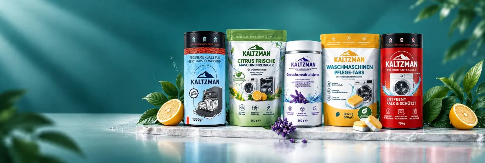 KALTZMAN Produktfamilie: Spülmaschinensalz, Citrus Frische Maschinenreiniger, Geruchsneutralisierer, Pflege-Tabs und Entkalker