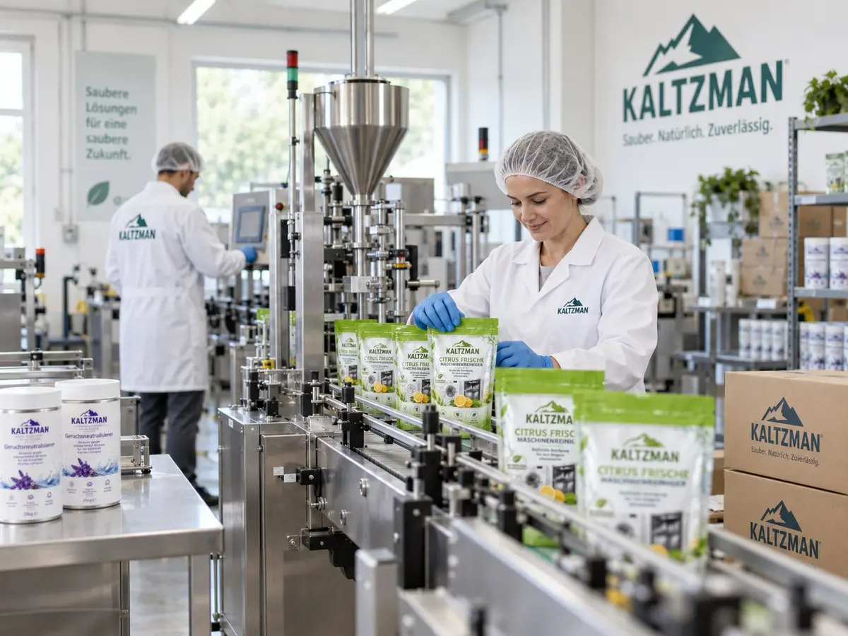 KALTZMAN Produktion: Mitarbeiterin verpackt Citrus Frische Maschinenreiniger an der Abfüllanlage