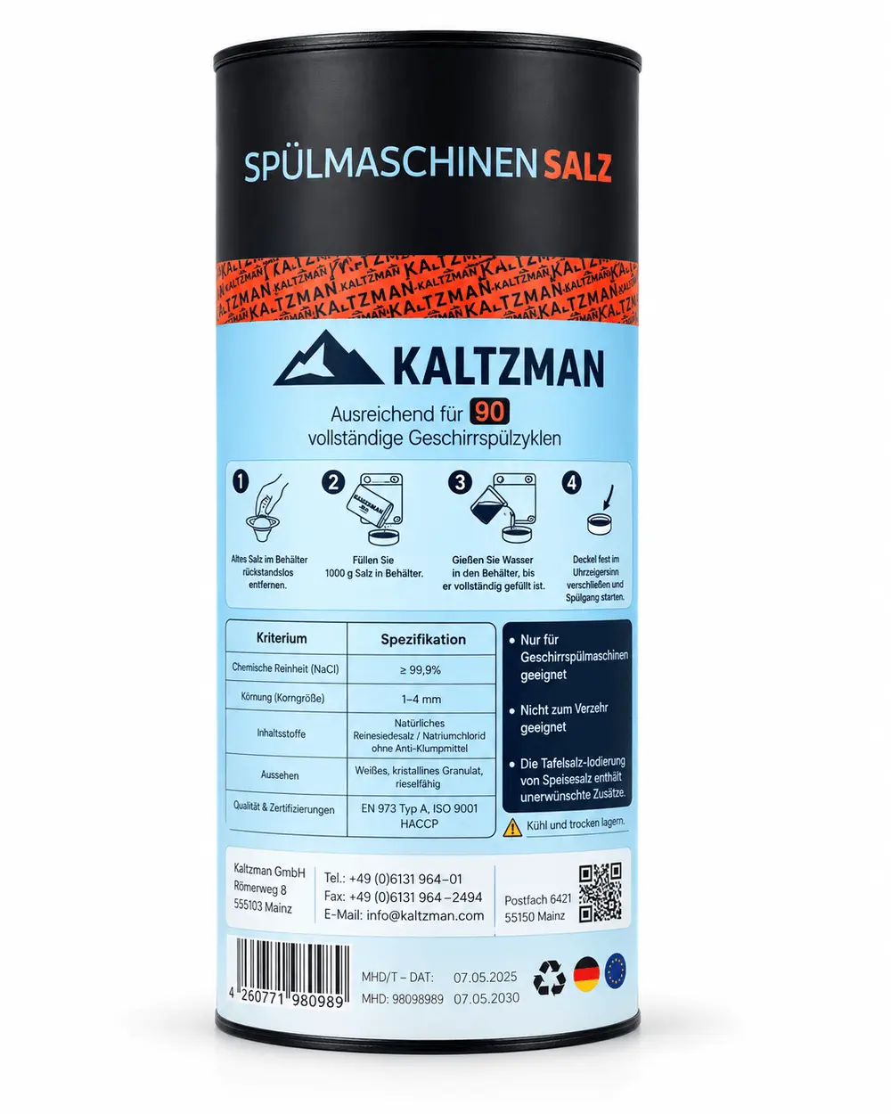 KALTZMAN Spülmaschinensalz – Rückseite mit Anwendung und Spezifikation
